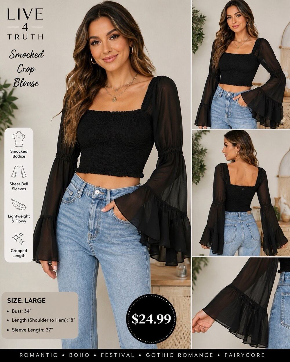 🆕Live 4 Truth Black Smocked Cropped Blouse Large Bell Sleeve Square Neck NWT
